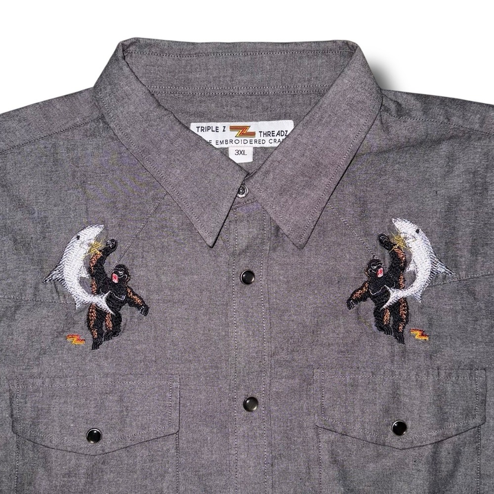 TRIPLE Z THREADZ  Western Shirt Men 3XL Gray Gorilla Shark Pearl Snap Embroidery